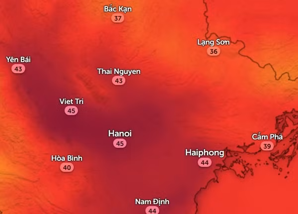 Nhiệt độ cảm nhận ở một số tỉnh thành miền Bắc vào đầu giờ chiều thứ Năm, 13/6. Đây là lúc nóng đỉnh điểm trong đợt này. Ảnh: Zoom Earth, OpenStreetMap.