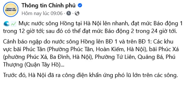 Thông báo trên trang Thông tin Chính phủ vào sáng nay. Ảnh: Facebook. Thông báo trên trang Thông tin Chính phủ vào sáng nay. Ảnh: Facebook.