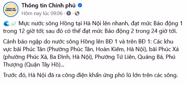 Thông báo trên trang Thông tin Chính phủ vào sáng nay. Ảnh: Facebook.