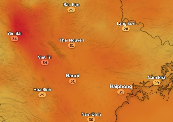 Nhiệt độ ở một số tỉnh thành miền Bắc lúc 23h hôm nay: Đêm mà trời vẫn rất nóng. Ảnh: Zoom Earth, OpenStreetMap. Nhiệt độ ở một số tỉnh thành miền Bắc lúc 23h hôm nay: Đêm mà trời vẫn rất nóng. Ảnh: Zoom Earth, OpenStreetMap.