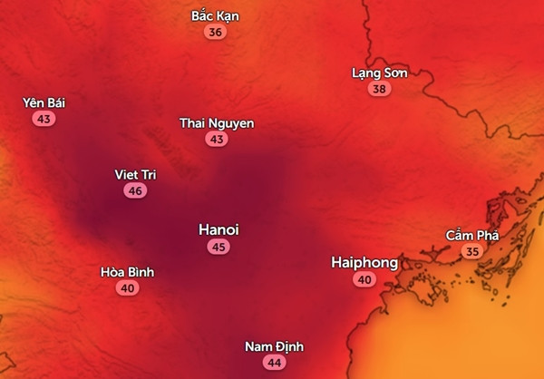 Nhiệt độ ở một số tỉnh thành miền Bắc chiều nay, 19/4. Ảnh: Zoom Earth, OpenStreetMap. Nhiệt độ ở một số tỉnh thành miền Bắc chiều nay, 19/4. Ảnh: Zoom Earth, OpenStreetMap.