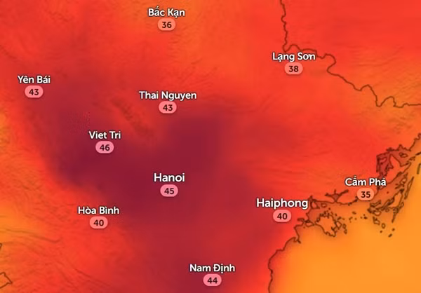 Nhiệt độ ở một số tỉnh thành miền Bắc chiều nay, 19/4. Ảnh: Zoom Earth, OpenStreetMap.