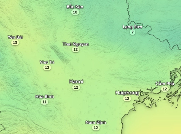 Nhiệt độ Hà Nội và một số tỉnh thành miền Bắc vào chiều mai, 26/1. Ảnh: Zoom Earth, OpenStreetMap. Nhiệt độ Hà Nội và một số tỉnh thành miền Bắc vào chiều mai, 26/1. Ảnh: Zoom Earth, OpenStreetMap.
