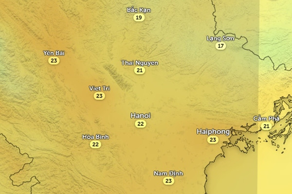 Nhiệt độ ở một số tỉnh thành miền Bắc vào sáng mai, 19/3. Ảnh: Zoom Earth, OpenStreetMap.
