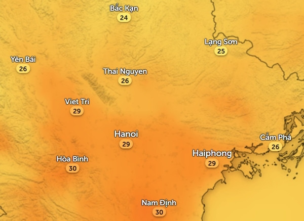 Nhiệt độ ở một số tỉnh thành miền Bắc chiều thứ Ba, 9/4. Ảnh: Zoom Earth, OpenStreetMap.
