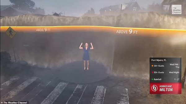 Theo kênh thời tiết The Weather Channel, bão Milton có thể khiến nước ngập gần gấp đôi chiều cao của người lớn. Ảnh: The Weather Channel. Theo kênh thời tiết The Weather Channel, bão Milton có thể khiến nước ngập gần gấp đôi chiều cao của người lớn. Ảnh: The Weather Channel.