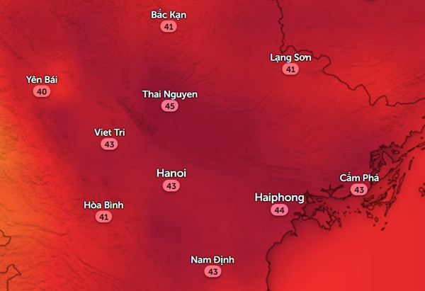 Nhiệt độ cảm nhận ở một số tỉnh thành miền Bắc vào trưa và chiều thứ Sáu, 26/7. Ảnh: Zoom Earth, OpenStreetMap.
