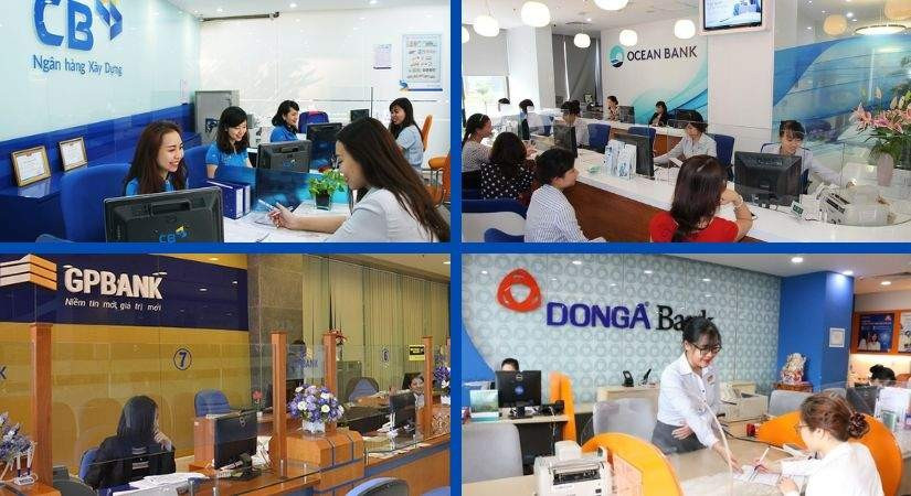4 ngân hàng thương mại yếu kém thuộc diện phải tái cơ cấu, gồm: DongABank, CBBank, OceanBank, GPBank. 4 ngân hàng thương mại yếu kém thuộc diện phải tái cơ cấu, gồm: DongABank, CBBank, OceanBank, GPBank.