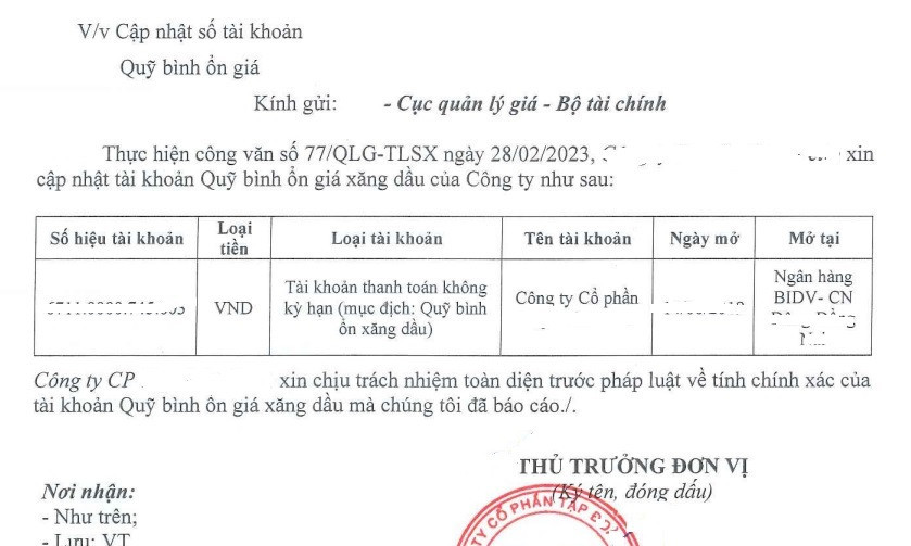 Một báo cáo của doanh nghiệp xăng dầu gửi Cục Quản lý giá về thông tin tài khoản Quỹ bình ổn Một báo cáo của doanh nghiệp xăng dầu gửi Cục Quản lý giá về thông tin tài khoản Quỹ bình ổn