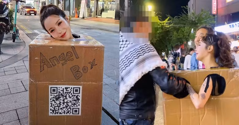 Ah In bị điều tra vì mặc hộp giấy, yêu cầu đàn ông sờ ngực trên phố. Ảnh: IG. Ah In bị điều tra vì mặc hộp giấy, yêu cầu đàn ông sờ ngực trên phố. Ảnh: IG.