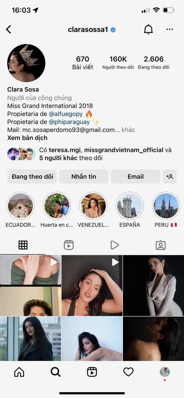 Miss Grand 2018 María Clara Sosa có 160.000 follow.