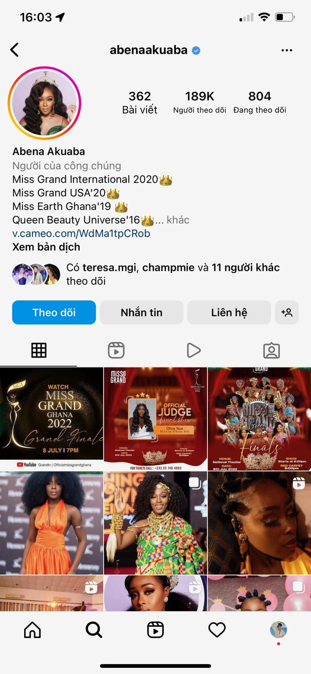 Miss Grand 2020 Abena Appiah có gần 200.000 follow.