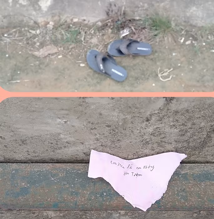 Đôi dép và mẩu giấy mà nam sinh Võ Trần Thanh S. để lại hiện trường.
