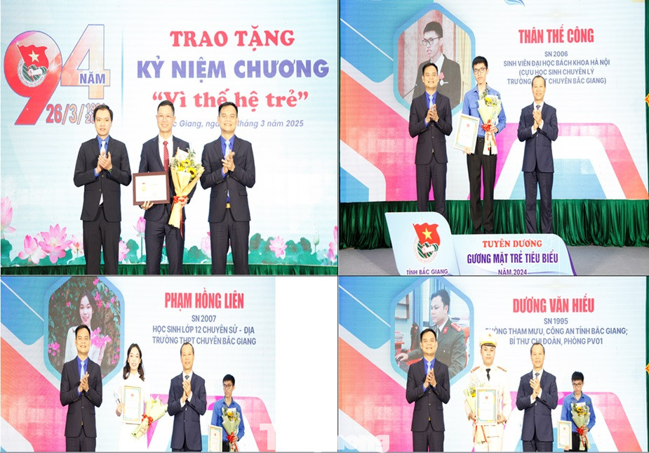 Đại diện Trung ương Đoàn, lãnh đạo tỉnh Bắc Giang và Tỉnh Đoàn Bắc Giang trao kỷ niệm chương vì thế hệ trẻ và tuyên dương Gương mặt trẻ tiêu biểu tỉnh Bắc Giang. Ảnh: Nguyễn Thắng