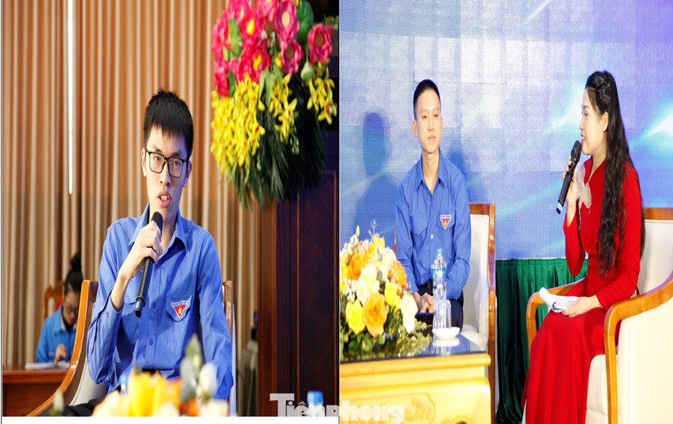 Em Thân Thế Công (bên trái) và anh Trịnh Văn Thắng chia sẻ tại diễn đàn. Ảnh: Nguyễn Thắng