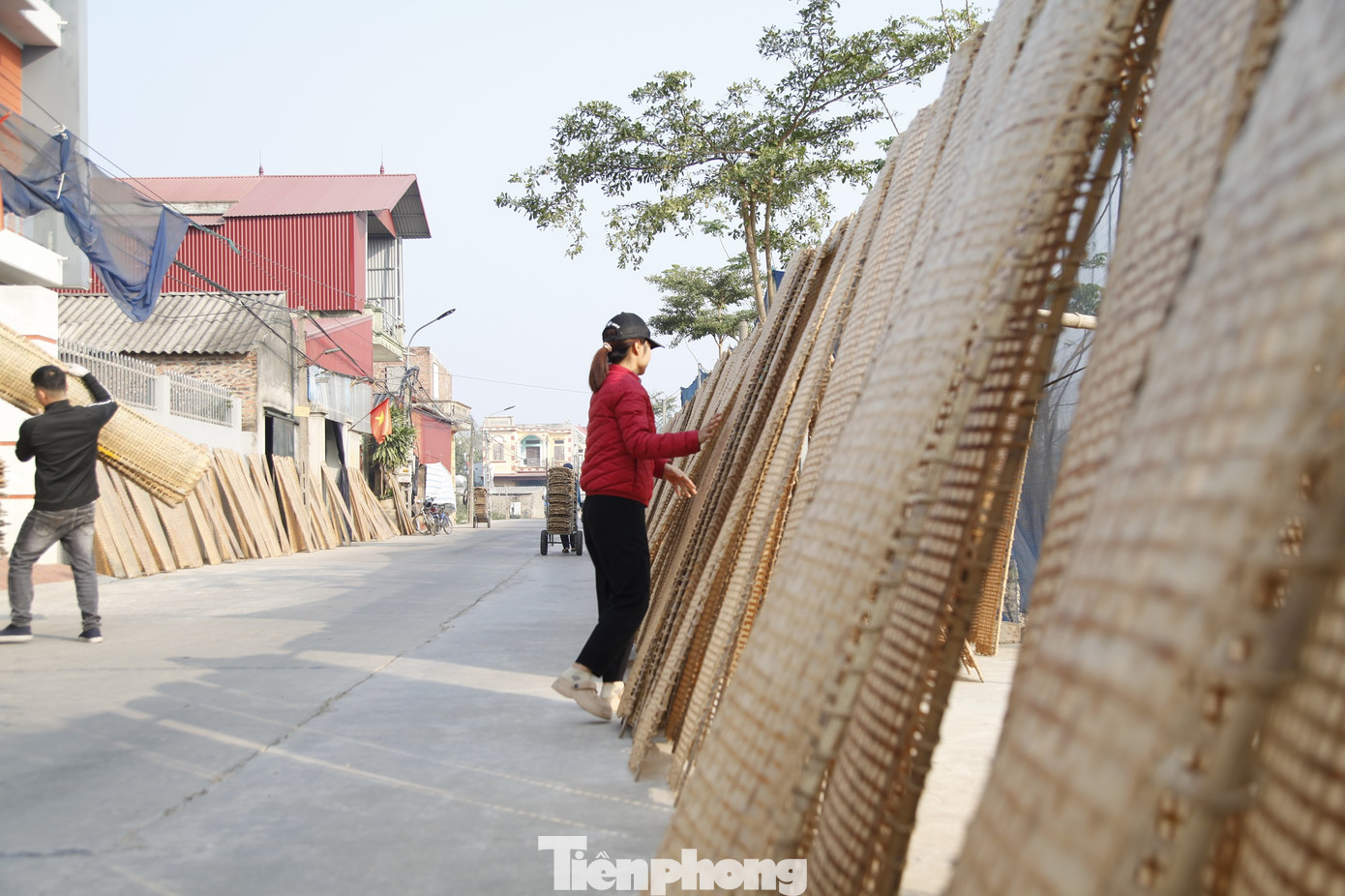 Người làm nghề bánh đa nem ở xã Vân Hà dậy từ 3-4h sáng để tráng bánh, sau đó mang bánh đa nem mới tráng xong ra phơi khô. Ảnh: Nguyễn Thắng.