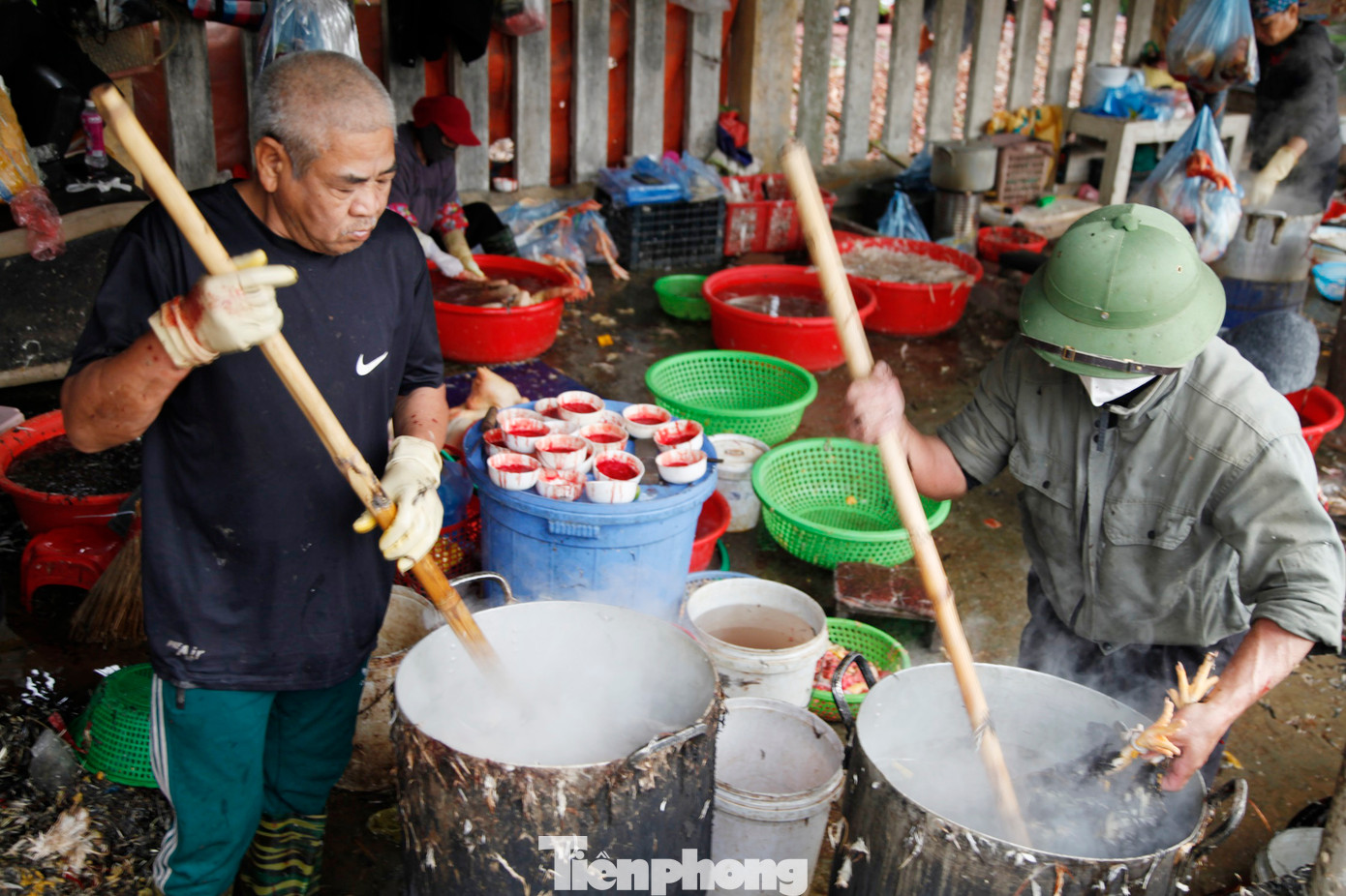 Người thịt gà thuê đang nhúng gà vào nồi nước nóng để làm lông. Ảnh: Nguyễn Thắng Người thịt gà thuê đang nhúng gà vào nồi nước nóng để làm lông. Ảnh: Nguyễn Thắng