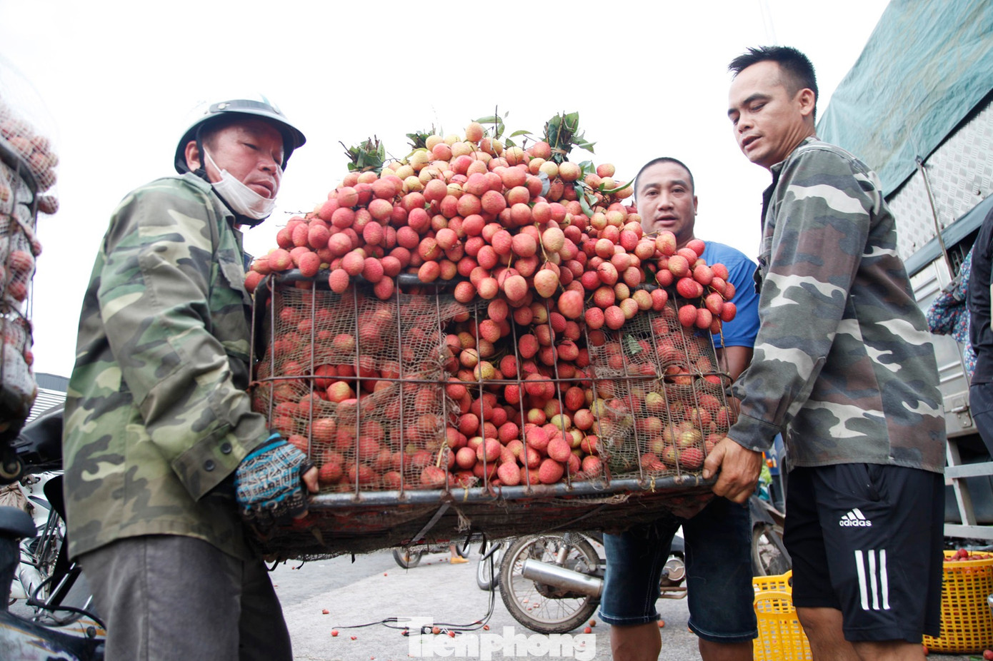 Bê sọt vải thiều xuống xe máy để cân bán.