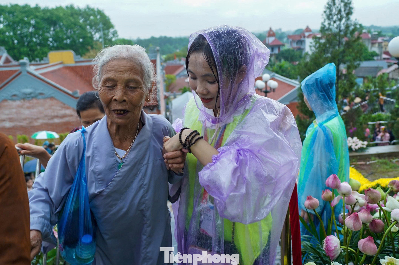 Một tình nguyện viên hỗ trợ cụ già đến chiêm bái xá lợi Phật.