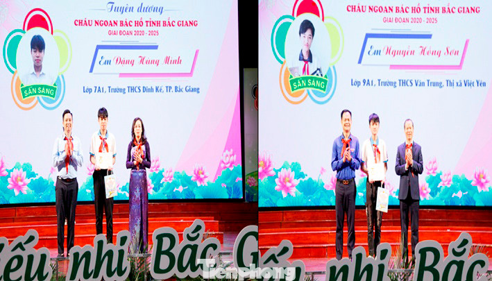 Đại diện Trung ương Đoàn, lãnh đạo tỉnh Bắc Giang và Tỉnh Đoàn Bắc Giang trao chứng nhận Cháu ngoan Bác Hồ. Ảnh: Nguyễn Thắng