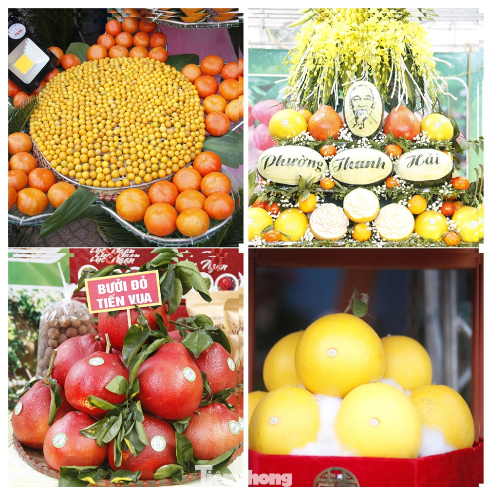 Các gian hàng trưng bày của các đơn vị được trang trí bằng các sản phẩm cây ăn quả, sản phẩm đặc trưng, thu hút đông đảo du khách. Ảnh: Nguyễn Thắng.