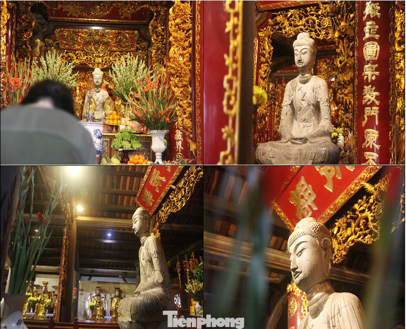 Tượng Phật A Di Đà trong chùa Phật Tích được tạo tác bằng đá xanh, kích thước hiện tại cả bệ cao 2,77 m thể hiện Đức Phật A Di Đà ngồi tọa thiền trên tòa sen theo lối Kiết Già toàn phần, dáng ngồi thanh thản tự tại. Pho tượng Phật A Di Đà ở chùa Phật Tích là kiệt tác điêu khắc thời Lý và đã được Nhà nước công nhận là bảo vật quốc gia năm 2013. Ảnh: Nguyễn Thắng.