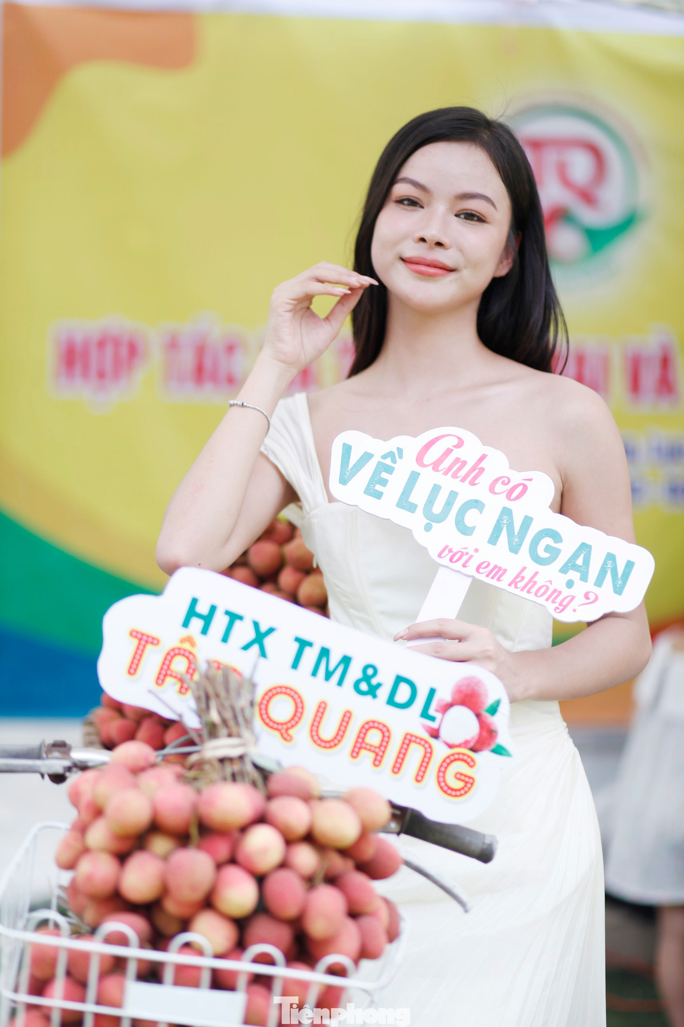 Trần Thị Thanh Thanh - Đại sứ du lịch của Hoa hậu Hoàn vũ năm 2023 đến quảng bá vải thiều tỉnh Bắc Giang. Thanh rất hào hứng khi trải nghiệm tại vườn vải thiều ở huyện Lục Ngạn. Ảnh: Nguyễn Thắng