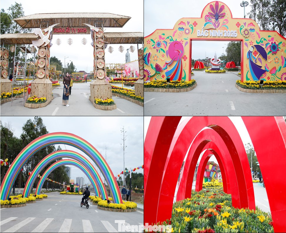 Đường hoa Xuân Ất Tỵ năm 2025 được thiết kế thành 3 phân khu chính. Phân khu 1 - Nét văn hoá Kinh Bắc, mô phỏng hình ảnh của Bắc Ninh qua các thời kỳ xây dựng và phát triển dưới sự lãnh đạo của Đảng và Nhà nước. Ảnh: Nguyễn Thắng