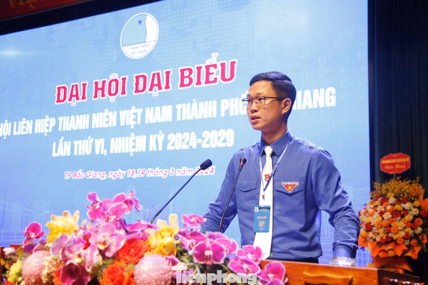 Bí thư Tỉnh Đoàn Bắc Giang - anh Thân Trung Kiên phát biểu tại Đại hội. Ảnh: Nguyễn Thắng