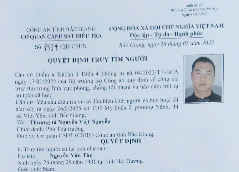 Công an Bắc Giang thông báo truy tìm đối tượng Thụ.