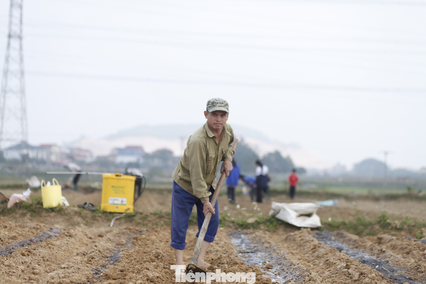 Anh Dương Văn Kha, 50 tuổi, ở thôn Thượng Lát, xã Tiên Sơ vui vẻ cho biết, ngày mùng 4 Tết, tranh thủ thời tiết thuận lợi, gia đình anh trồng lạc đầu năm. Anh mong muốn, ngày đầu xuống đồng đem lại may mắn cho cả năm. Ảnh: Nguyễn Thắng.