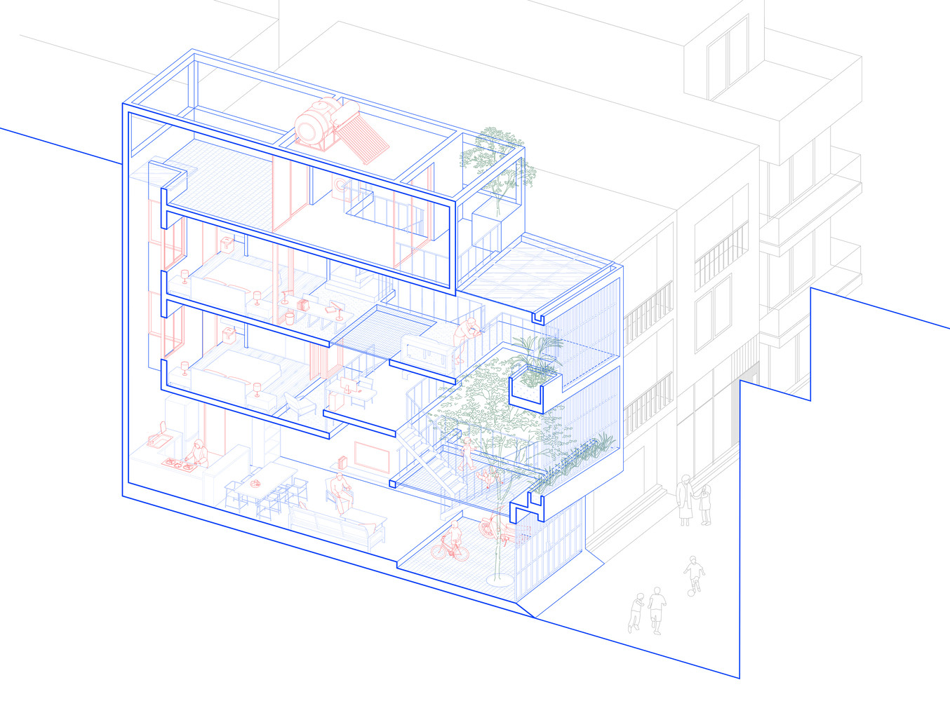 Kết cấu nhà gắn liền sân chơi phía trước ở mỗi tầng, không gian bên trong bố trí làm 2 phần, 1/3 diện tích phía sau là phòng ngủ, toilet và bếp.