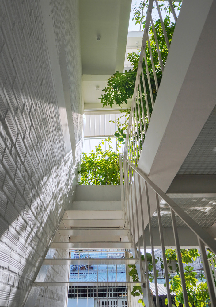 Sàn bằng vật liệu sắt rỗng giúp lấy sáng và dễ dàng thông gió từ mái nhà xuống tầng trệt.