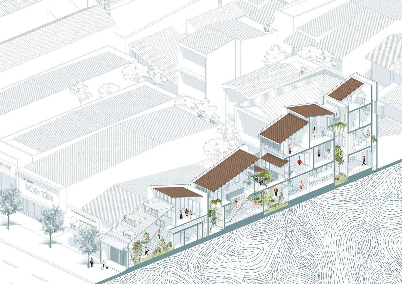 Ngôi nhà nằm ở hướng Đông Nam, các không gian trong nhà được sắp xếp theo trình tự: Gian thương mại – sân trong – phòng khách – bàn ăn, bếp – sân phụ – phòng ngủ. Phòng thờ, phòng làm việc và các phòng ngủ khác ở tầng 1 và tầng 2 được bố trí từ ngoài vào trong.