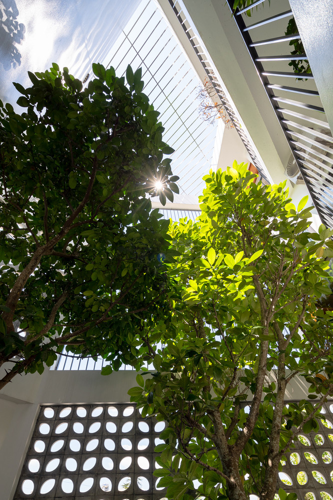 Khối nhà có 2 loại là khối đặc và khối rỗng, các khối được bố trí ở những vị trí thích hợp trên mặt đứng để lấy gió, lấy sáng và chắn tầm nhìn từ bên ngoài phù hợp với chức năng của các không gian bên trong.