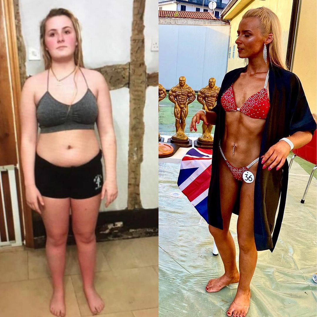 Skye trước và sau khi tập gym. Cô nối nghiệp mẹ làm người mẫu thể hình. Hiện tại, cô tạm dừng tập luyện để chăm sóc em bé mới sinh.