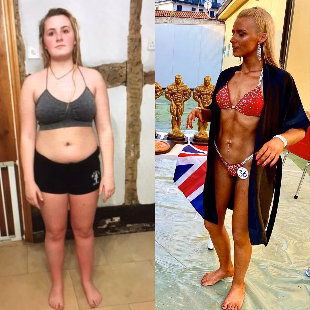 Skye trước và sau khi tập gym. Cô nối nghiệp mẹ làm người mẫu thể hình. Hiện tại, cô tạm dừng tập luyện để chăm sóc em bé mới sinh.