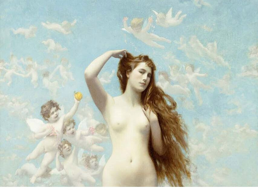 Venus Rising của Jean-Leon Gerome miêu tả nữ thần tình yêu và sắc đẹp La Mã xuất hiện từ đại dương trong tư thế gợi cảm và cổ điển. Bức tranh phản ánh phong cách tân cổ điển, có sự cân bằng giữa ánh sáng và bóng tối, thể hiện chân thực cơ thể con người. Nó làm nổi bật vẻ đẹp của hình thể phụ nữ, với những đường cong cùng làn da mềm mại của Venus được khắc họa một cách duyên dáng và tự nhiên. Bức tranh trở nên nổi tiếng vì miêu tả phụ nữ khỏa thân và khung cảnh lãng mạn trong thời La Mã cổ đại.