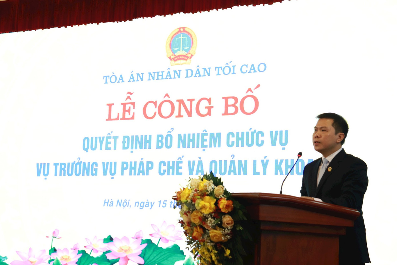 Đồng chí Lê Thế Phúc, Vụ trưởng Vụ Pháp chế và Quản lý khoa học, phát biểu nhận nhiệm vụ. Ảnh: TCTA.