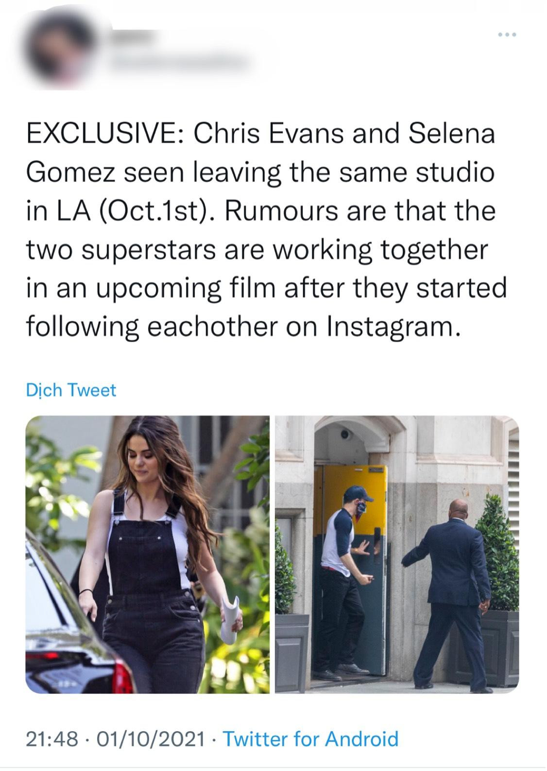 Bức ảnh Chris Evans rời khỏi khách sạn Corinthia được chụp vào tháng 7/2020. Trong khi đó, Selena Gomez rời khỏi trụ sở của Coach vào ngày 1/10/2019. (Nguồn: Twitter) Bức ảnh Chris Evans rời khỏi khách sạn Corinthia được chụp vào tháng 7/2020. Trong khi đó, Selena Gomez rời khỏi trụ sở của Coach vào ngày 1/10/2019. (Nguồn: Twitter)