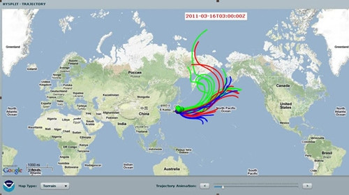 Quỹ đạo gió dự báo từ Fukushima (từ 01h ngày 16-3-2011 đến 13h ngày 19-3-2011, giờ Việt Nam). Ảnh: Bộ KH&CN . Quỹ đạo gió dự báo từ Fukushima (từ 01h ngày 16/3/2011 đến 13h ngày 19/3/2011, giờ Việt Nam). Ảnh: Bộ KH&CN