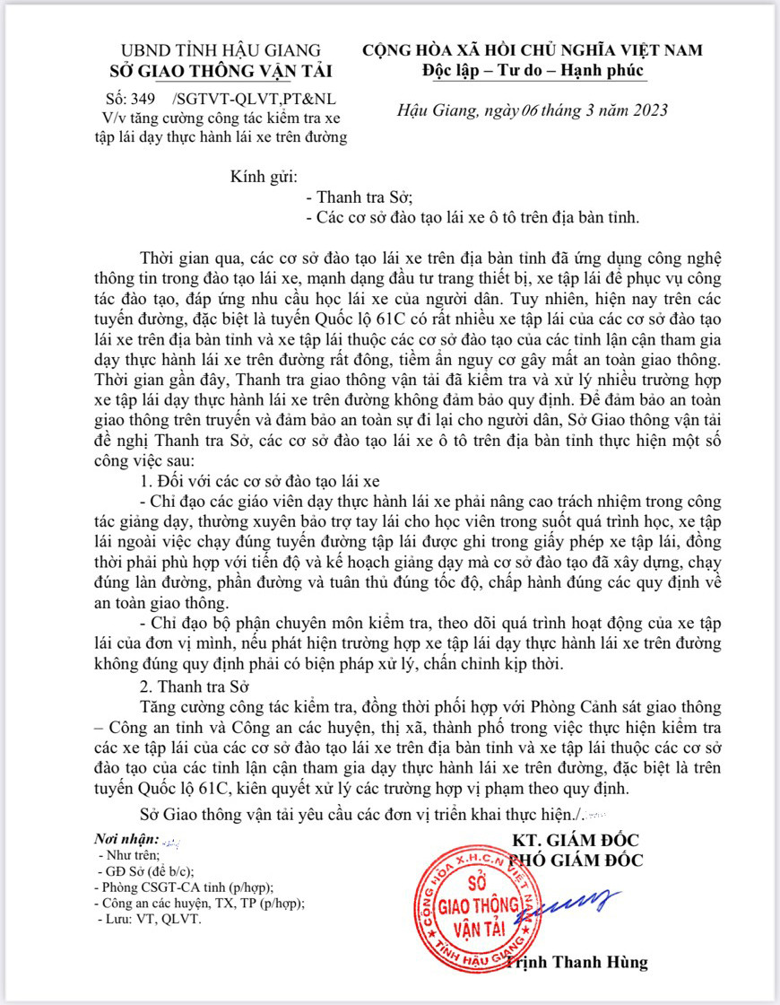 Sở GTVT tỉnh Hậu Giang chỉ đạo Thanh tra Sở kiểm tra và xử lý nghiêm các trường hợp dạy thực hành lái xe trên đường không đảm bảo quy định. Sở GTVT tỉnh Hậu Giang chỉ đạo Thanh tra Sở kiểm tra và xử lý nghiêm các trường hợp dạy thực hành lái xe trên đường không đảm bảo quy định.