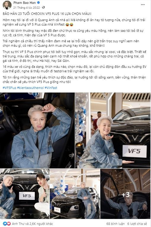 Diễn viên Bảo Hân thích thú với tuỳ chọn 16 màu ngoại thất của VF 5 Plus. (Ảnh chụp màn hình trang cá nhân của nhân vật)