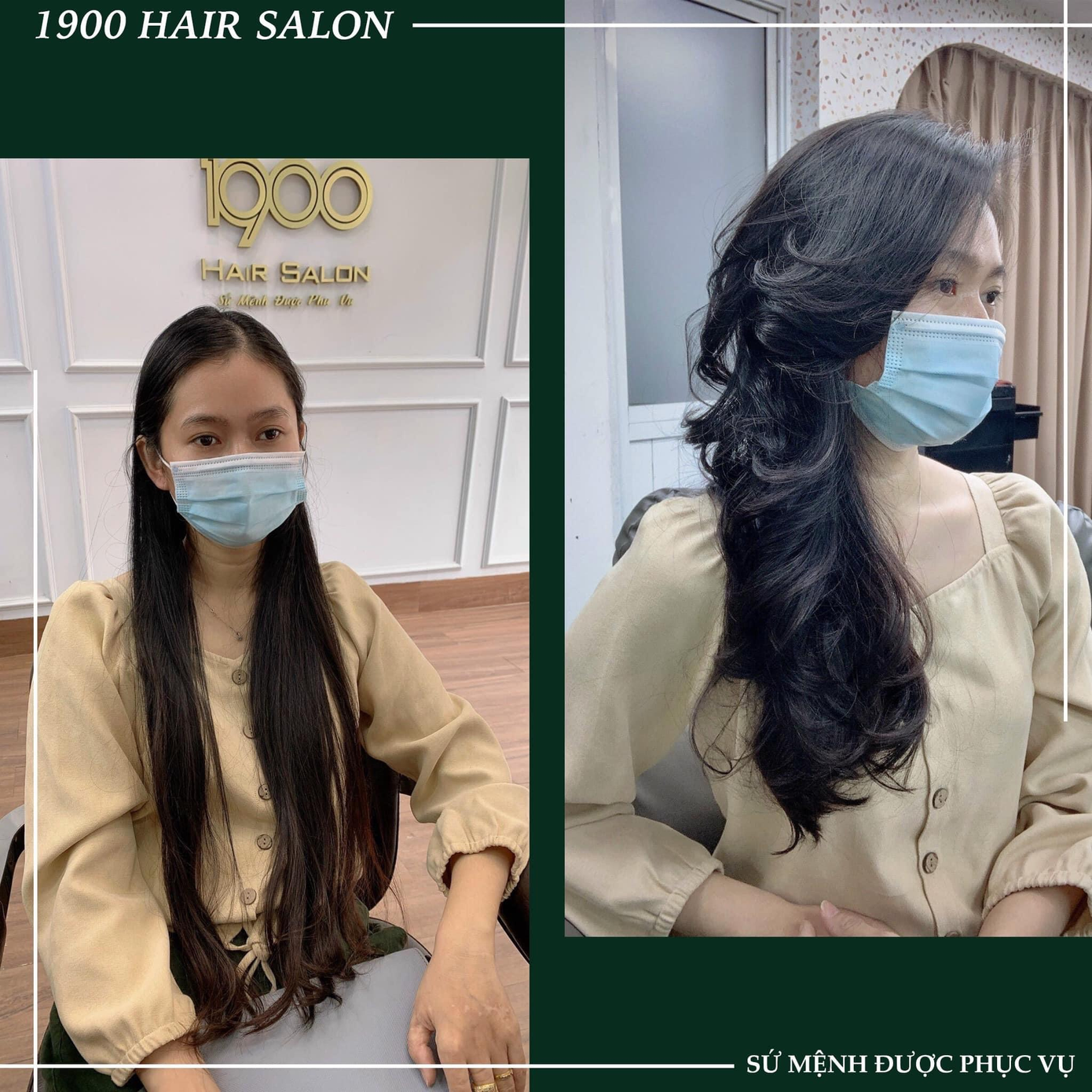 Hình ảnh trước và sau màn biến hóa mái tóc dài của chị khách tại 1900 Hair Salon