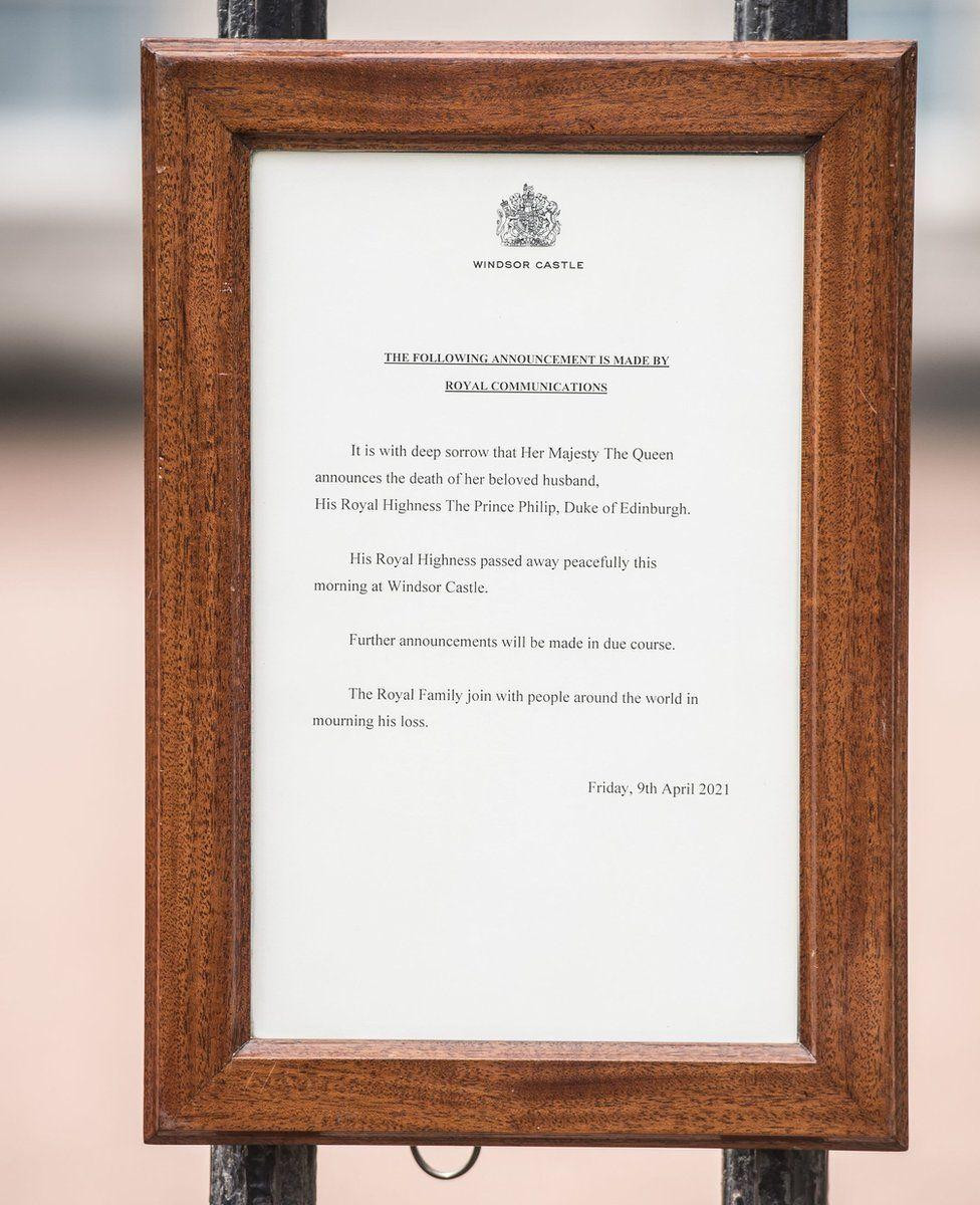 Thông cáo chính thức của Hoàng gia Anh về sự ra đi của Hoàng tế Philip. Ảnh: PA Media. Thông cáo chính thức của Hoàng gia Anh về sự ra đi của Hoàng tế Philip. Ảnh: PA Media.