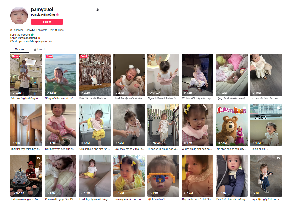 TikTok của Pam Yêu Ơi ghi nhận lượt tương tác "khủng", vượt mốc 11 triệu lượt yêu thích. TikTok của Pam Yêu Ơi ghi nhận lượt tương tác "khủng", vượt mốc 11 triệu lượt yêu thích.