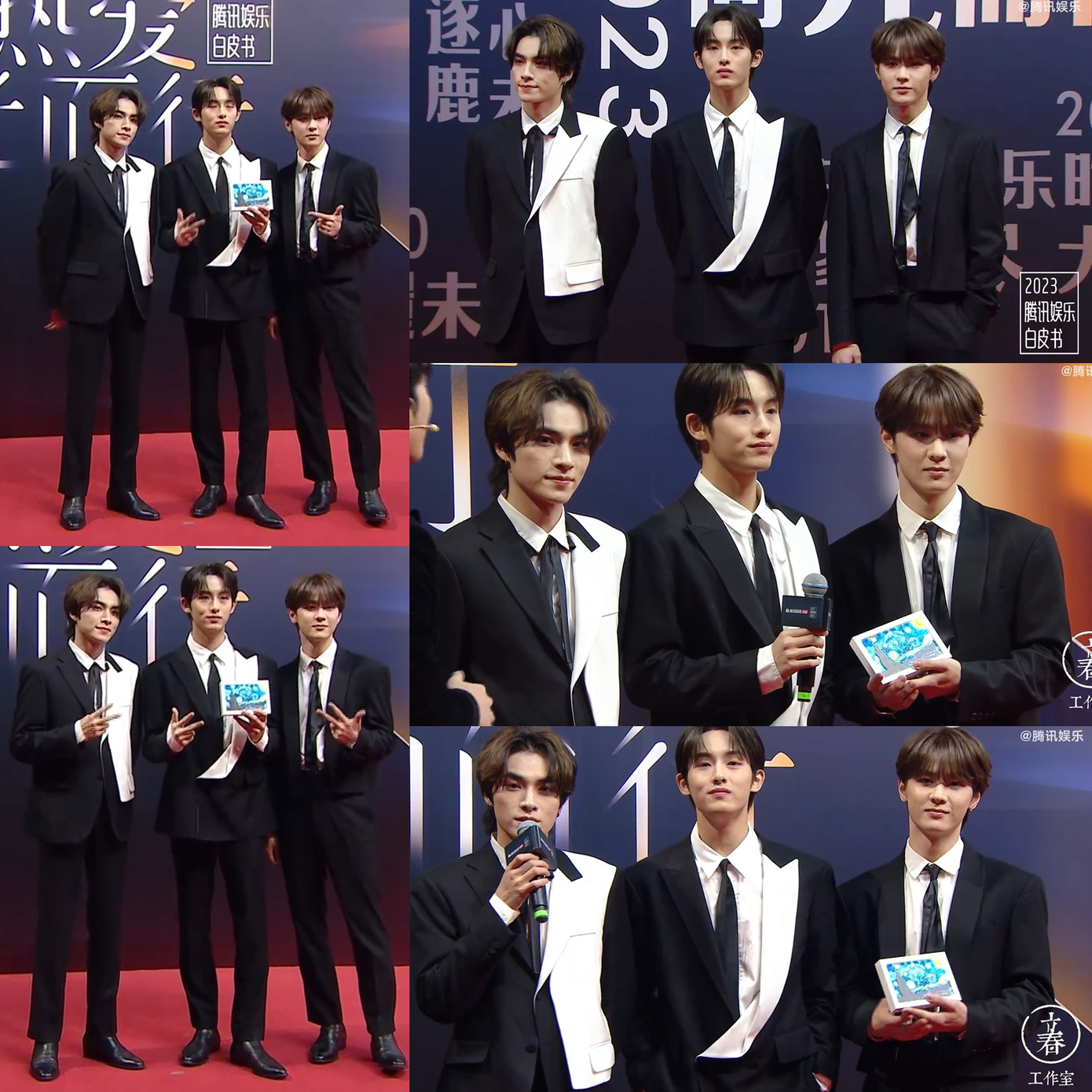 Bộ ba của WayV tham gia sự kiện với suit đen, trắng. Ba thành viên Xiaojun, Kun và Winwin đại diện nhóm nhận giải thưởng Nhóm nhạc triển vọng của năm.