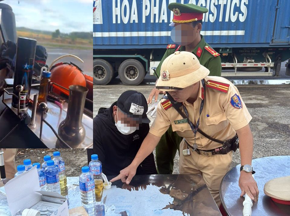 Tổ công tác kiểm tra ma túy đối với lái xe H. và bộ dụng cụ sử dụng ma túy (ảnh nhỏ).