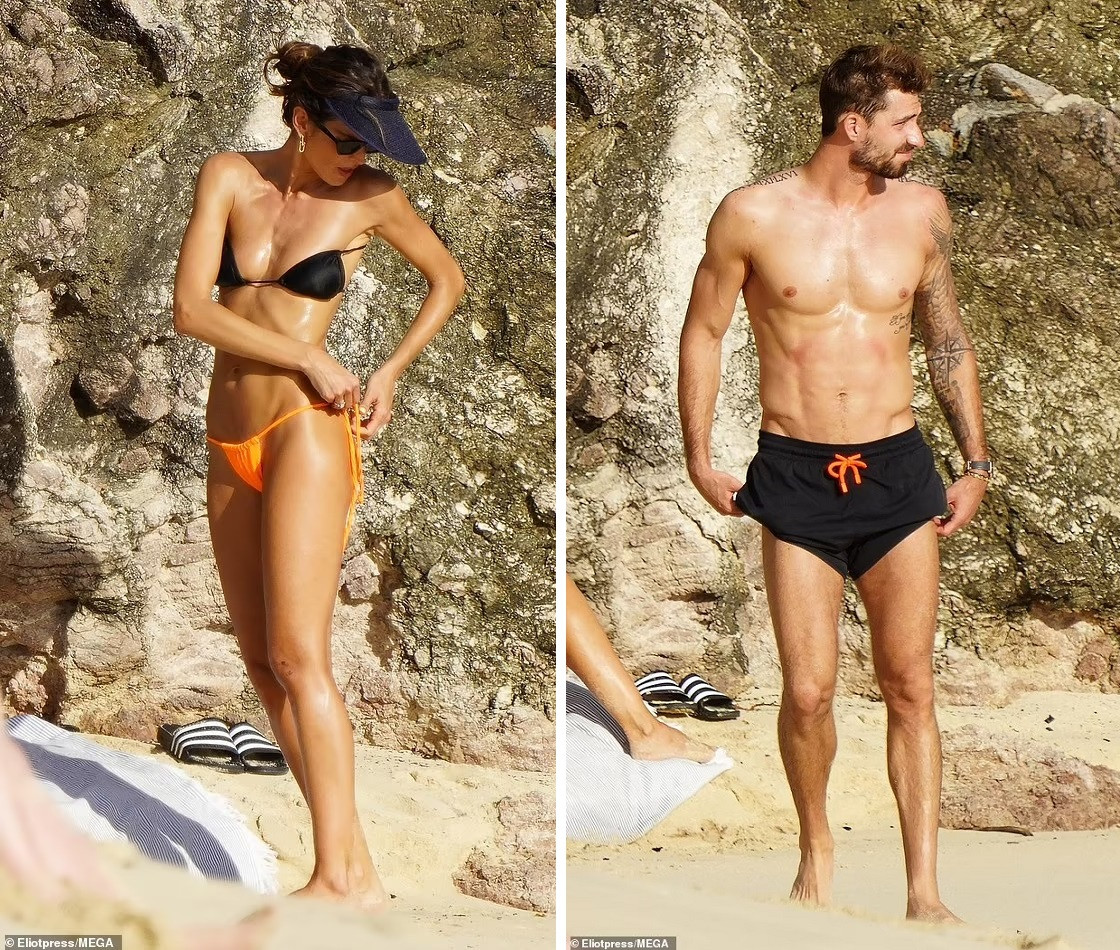 Bộ đôi siêu mẫu và cầu thủ khoe dáng nóng bỏng trên bãi biển. Ảnh: Mega.