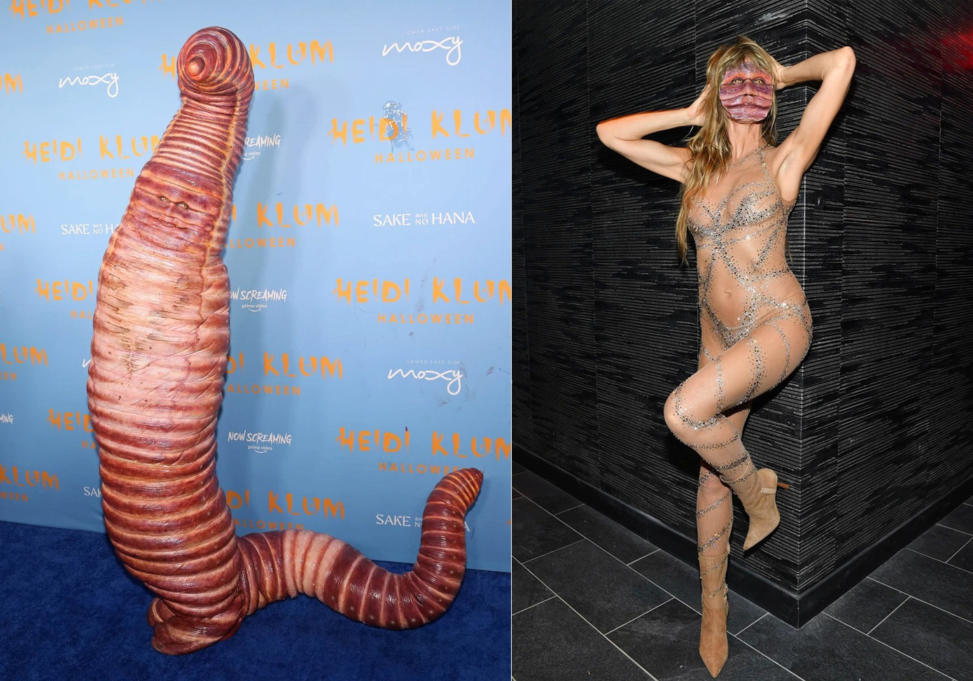 Heidi Klum nổi tiếng là ngôi sao đầu tư nhất cho Halloween. Năm 2022, cô gây sốc khi tự biến mình thành con giun đất khổng lồ. Vẻ ngoài của cô càng rùng rợn hơn lúc trút bỏ bộ đồ hoá trang để lộ trang phục lưới lấp lánh hở bạo, nhưng vẫn giữ lớp mặt nạ sâu bọ. Ảnh: Getty Images.